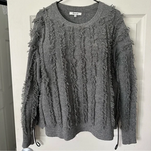 Madewell 100% Merino Wool Fringe Stripe Sweater Gray XS Boxy Cropped - Picture 4 of 10